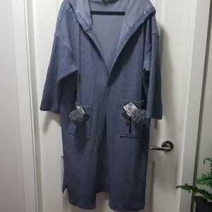 Blue Hooded Knit Cardigan with Pom Poms